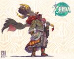  absurd_res an_vo bull_demon_king clothed clothing crown facial_hair footwear ganondorf gerudo hair headgear hi_res horn humanoid_pointy_ears jewelry journey_to_the_west long_hair male melee_weapon muscular nintendo not_furry ox_king red_hair secret_stone_of_darkness shoes simple_background solo tears_of_the_kingdom text the_legend_of_zelda weapon 