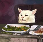  animal artist_name cat catwheezie food fork meme no_humans original salad watermark woman_yelling_at_cat_(meme) 