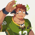  1boy :d american_football_uniform animal_ears bara brown_eyes brown_hair cow_boy cow_ears cow_horns dark-skinned_male dark_skin facial_hair fiery_horns forked_eyebrows glowing_horns goatee green_shirt gundan hand_up highres horns light_blush looking_up male_focus muscular muscular_male pectoral_cleavage pectorals shirt short_hair short_sleeves sideburns_stubble smile solo spiked_hair sportswear thick_eyebrows tokyo_afterschool_summoners upper_body v-shaped_eyebrows wakan_tanka white_background 