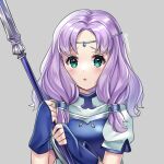  1girl aqua_eyes blue_dress blue_gloves blush circlet commentary_request dress fingerless_gloves fire_emblem fire_emblem:_the_blazing_blade florina_(fire_emblem) gloves grey_background holding holding_polearm holding_weapon long_hair looking_at_viewer maji_(majibomber) parted_lips polearm purple_hair short_sleeves simple_background solo upper_body weapon 
