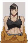  1girl abs artist_name black_hair black_sports_bra blush breasts cleavage en&#039;en_no_shouboutai gud0c highres maki_oze muscular muscular_female ponytail purple_eyes simple_background solo sports_bra sweat toned undressing 