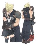  1boy 1girl armor arms_around_neck baggy_pants bare_shoulders black_gloves black_hair black_skirt black_sports_bra black_thighhighs blonde_hair boots breasts brown_footwear brown_gloves closed_eyes cloud_strife commentary couple cowboy_shot crop_top cropped_legs elbow_gloves final_fantasy final_fantasy_vii final_fantasy_vii_remake fingerless_gloves full_body gloves hand_on_another&#039;s_hip highres hug implied_kiss large_breasts long_hair looking_at_another low-tied_long_hair midriff pants parted_lips pudelmudel red_eyes red_footwear ribbed_sweater shoulder_armor single_sidelock skirt sleeveless sleeveless_turtleneck spiked_hair sports_bra standing suspender_skirt suspenders sweater swept_bangs tank_top thighhighs tifa_lockhart turtleneck turtleneck_sweater very_long_hair white_background white_tank_top zettai_ryouiki 