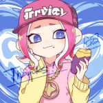  1girl baseball_cap blue_eyes chewing commentary_request commission crumbs eyelashes food gold_necklace hat holding holding_food inkling inkling_girl inuowour jewelry medium_hair necklace pink_hair pink_headwear pink_sweater signature solo splatoon_(series) sweater thank_you two-tone_sweater yellow_sweater 