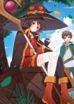  1boy 1girl absurdres ai-nohikari bandaged_arm bandages bow breasts brown_hair hat highres holding holding_staff kono_subarashii_sekai_ni_shukufuku_wo! looking_at_viewer megumin navel ocean open_hand open_mouth outdoors red_eyes satou_kazuma short_hair short_hair_with_long_locks small_breasts smile staff swimsuit witch_hat 