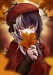  1girl autumn autumn_leaves beret black_hair brown_coat brown_headwear coat fuugami hat highres holding holding_leaf hololive hololive_english jewelry leaf long_hair looking_at_viewer maple_leaf multicolored_hair ring shiori_novella sidelocks solo split-color_hair virtual_youtuber white_hair yellow_eyes 