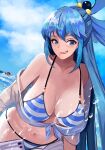  1boy 1girl absurdres aqua_(konosuba) asphyxiation beach bellone bikini blue_bikini blue_eyes blue_hair blush breasts cloud cloudy_sky drowning hair_between_eyes hair_ornament hair_rings highres kono_subarashii_sekai_ni_shukufuku_wo! large_breasts long_hair looking_at_viewer ocean open_mouth pointy_breasts sagging_breasts satou_kazuma screaming shorts single_hair_ring sky smile striped striped_bikini swimsuit very_long_hair wet wet_clothes wet_swimsuit 