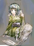  1girl blue_eyes blue_hair closed_mouth commentary drill_hair drill_sidelocks fins frilled_kimono frills full_body green_kimono head_fins highres japanese_clothes jikokenjiyoku_1 kimono long_sleeves looking_at_viewer mermaid monster_girl sash short_hair sidelocks simple_background smile solo touhou traditional_media wakasagihime wide_sleeves 