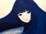  1girl acrylic_paint_(medium) ai_natori blue_eyes blue_hair blunt_bangs long_hair looking_at_viewer original painting_(medium) portrait simple_background smile solo traditional_media white_background 