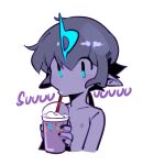  blue_eyes docu_(doppel) doppel drinking fingers grimace_birthday_shake hair holding_object humanoid humanoid_pointy_ears male not_furry purple_body purple_skin solo 