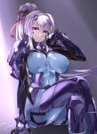  1girl armored_bodysuit breasts character_request colored_skin commentary_request commission crossed_legs dated fortified_suit hair_intakes hair_ribbon hand_on_own_cheek hand_on_own_face hayabusa_aoi highres large_breasts long_hair looking_at_viewer muv-luv ponytail purple_eyes purple_hair ribbon shiny_clothes signature sitting skeb_commission solo white_skin 
