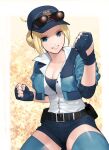  1girl akisa_yositake baseball_cap blonde_hair blue_eyes blue_gloves blue_jacket blue_shorts breasts cleavage clenched_hand cropped_jacket eyewear_on_head final_fight fingerless_gloves gloves hat jacket lucia_morgan police police_uniform policewoman shorts solo street_fighter street_fighter_v sunglasses thighhighs uniform 