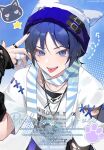 1boy bananakeki bandaid bandaid_on_cheek bandaid_on_face black_gloves blue_eyes blue_hair genshin_impact gloves hair_between_eyes hat jewelry looking_at_viewer male_focus necklace open_mouth piercing scaramouche_(cat)_(genshin_impact) scaramouche_(genshin_impact) scarf shirt short_hair smile solo striped striped_scarf tongue tongue_out tongue_piercing wanderer_(genshin_impact) white_headwear white_shirt 