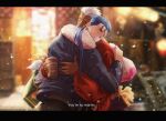  2boys archer_(fate) bag black_coat blue_hair blurry blurry_background box breath brown_pants coat coffee_cup cu_chulainn_(fate) cup disposable_cup earrings english_text fate/stay_night fate_(series) fur-trimmed_coat fur_trim gift gift_box gravesecrets holding holding_bag holding_cup hooded_coat hug jewelry letterboxed long_hair long_sleeves male_focus multiple_boys pants pink_bag red_coat short_hair snow subtitled tan white_hair winter yaoi 