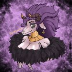  anthro big_breasts bovid breasts caprine ear_piercing female fur goat gold_(metal) gold_jewelry green_eyes hair hi_res horn jewelry justoceantea long_hair looking_at_viewer mammal piercing pink_body pink_fur purple_hair rhok&#039;zan_(sucker_for_love) solo 