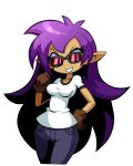  2023 absurd_res alternate_costume blue_eyes bottomwear breasts clothing eyewear female genie gloves hair handwear hi_res humanoid humanoid_pointy_ears long_hair niyuyu not_furry pants purple_hair shantae shantae_(series) shirt simple_background smile solo sunglasses tan_body tan_skin topwear wayforward white_background 