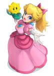  1girl blonde_hair blue_eyes bow gonzarez hair_bow highres jewelry long_hair looking_at_viewer mario_(series) official_alternate_costume official_alternate_hairstyle open_mouth outstretched_arm outstretched_hand ponytail princess_peach reaching reaching_towards_viewer smile 