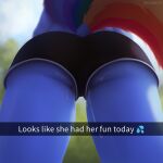  anthro anthrofied bodily_fluids bottomwear butt clothed clothing equid equine female friendship_is_magic genital_fluids hasbro hi_res irisarco mammal my_little_pony pussy_juice rainbow_dash_(mlp) rear_view shorts solo tail tail_aside 
