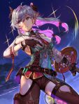  1girl atelier_(series) atelier_resleriana belt breasts broken_horn colored_inner_hair demon_horns gloves guest_art highres horns hungry_clicker looking_to_the_side low_twintails multicolored_hair official_art partially_fingerless_gloves pink_hair second-party_source sideboob sky solo star_(sky) starry_sky twintails two-tone_hair valeria_(atelier) 