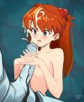  1girl blue_eyes blush breasts cum cum_on_hair end_of_evangelion erection facial highres mass_production_eva neon_genesis_evangelion nipples nude open_mouth orange_hair penis penis_grab ryness simple_background souryuu_asuka_langley 