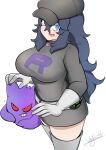  1girl @_@ alternate_breast_size blush breasts gengar gloves hair_between_eyes hat hex_maniac_(pokemon) highres huge_breasts john_(a2556349) long_hair looking_at_viewer messy_hair open_mouth pokemon pokemon_(creature) pokemon_(game) pokemon_xy purple_eyes purple_hair skirt smile team_rocket team_rocket_uniform thighhighs 