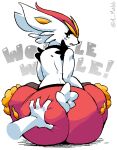 2023 ambiguous_gender annoyed anthro big_butt butt butt_grab cinderace disembodied_hand duo fur generation_8_pokemon grope hand_on_butt jubb lagomorph long_ears looking_back mammal nintendo pokemon pokemon_(species) simple_background solo_focus white_background white_body white_fur 