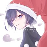  1girl black_capelet capelet commentary doremy_sweet eyelashes hair_between_eyes hat highres light_blush light_smile lone_nape_hair looking_at_viewer mizore_arius nightcap pom_pom_(clothes) purple_eyes purple_hair red_headwear simple_background solo touhou turtleneck upper_body white_background 