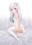  1girl absurdres ass blue_eyes breasts byx camisole covering covering_ass feet flower hair_flower hair_ornament highres honkai_(series) honkai_impact_3rd legs long_hair looking_at_viewer nipples no_panties no_shoes see-through sideboob sitting small_breasts soles solo theresa_apocalypse thighhighs thighs white_camisole white_hair white_thighhighs 