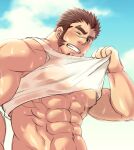  1boy abs akashi_(live_a_hero) bara blush clothes_lift cloud cloudy_sky facial_hair goatee large_pectorals live_a_hero long_sideburns looking_at_viewer male_focus muscular muscular_male navel nipples one_eye_closed pectorals red_hair scar scar_on_face scar_on_nose see-through shirt shirt_lift short_hair sideburns sky solo stomach sunfight0201 sweat tank_top thick_eyebrows underpec upper_body wet wet_clothes wet_shirt white_tank_top 