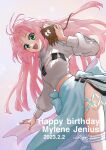  1girl absurdres arm_cutout artist_name black_eyes blue_bow blue_skirt bow character_name creature dated floating_hair green_eyes grey_camisole guvava hair_intakes happy_birthday highres ichigo_jam looking_down looking_to_the_side macross macross_7 mylene_jenius open_hand pink_hair shrug_(clothing) skirt smile solo_focus tail thighhighs white_thighhighs 