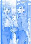  ai-chan&#039;s_sister_(tawawa) ai-chan_(tawawa) between_breasts blue_theme breasts getsuyoubi_no_tawawa highres himura_kiseki large_breasts reflection short_hair strap_between_breasts volley-bu-chan_(tawawa) 