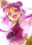  1girl breasts clover_earrings cone_hair_bun cure_yell earrings flower hair_bun hair_flower hair_ornament hair_ribbon heart heart_hair_ornament hugtto!_precure jewelry long_hair looking_at_viewer magical_girl navel nono_hana open_mouth pink_eyes pink_hair pink_shirt pink_skirt pom_pom_(cheerleading) precure ribbon shirt skirt small_breasts smile solo thick_eyelashes upper_body waist_brooch white_background yuuzii 