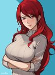  1girl alternate_costume arms_up artist_name blue_background blush breasts closed_mouth commentary english_commentary eyelashes grey_sweater hair_between_eyes kirijou_mitsuru large_breasts lepypepy lips long_hair long_sleeves looking_at_viewer parted_bangs persona persona_3 red_eyes red_hair ribbed_sweater shadow sidelocks smile solo sweater turtleneck turtleneck_sweater two-tone_background upper_body 