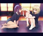  2girls absurdres arm_up bare_legs barefoot blonde_hair blue_shirt blue_shorts blurry blurry_background blush breasts brown_eyes convenient_leg eyelashes feet full_body hair_between_eyes highres holding hugging_own_legs indoors knees_up leaning_forward legs long_hair lumina414 medium_hair multiple_girls no_shoes original oversized_clothes oversized_shirt purple_hair saliva saliva_trail shirt short_shorts short_sleeves shorts sidelocks single_sock sitting smell socks soles steaming_body t-shirt thighs toenails toes tongue tongue_out white_socks 