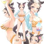  1girl abs animal_ears armpits arms_up ball beachball bikini blue_eyes blush breasts brown_hair chibi cleavage closed_mouth collarbone colored_tongue flower food forehead from_side full_body hair_flower hair_ornament hand_on_own_hip heart highres holding holding_spoon horse_ears horse_girl horse_tail large_breasts looking_at_viewer mejiro_ryan_(umamusume) multicolored_hair multiple_views nail_polish navel open_mouth orange_bikini orange_nails profile sandals sashimi_mami shaved_ice short_eyebrows short_hair sideboob simple_background smile speech_bubble spoken_heart spoon striped striped_bikini swimsuit tail toenail_polish toenails toes tongue tongue_out two-tone_hair umamusume white_background white_hair 