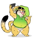  anthro black_spots bottomless bottomless_anthro bottomless_male brown_pawpads cheetah chubby_anthro chubby_male clothed clothing eyebrows featureless_crotch felid feline fur green_sclera male mammal markings one_eye_obstructed pawpads paws selfie short_stack simple_background slightly_chubby smile snartphone solo spots spotted_body spotted_fur spotted_markings tan_body tan_fur teapot_(body_type) thick_eyebrows thick_thighs tongue tongue_out white_background wide_hips xing_the_cheetah xingscourge yellow_body yellow_fur 