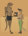  3_fingers 3_toes anthro beverage big_breasts bottomwear breasts brown_body clothed clothing coffee coffee_mug dinosaur duo eye_contact feathers feet female fingers freckles hi_res huge_breasts jayda_(zagz) jewelry jude_(zagz) looking_at_another male nipples ornithomimid pajamas reptile scalie sharp_teeth shorts simple_background teeth theropod tired tired_eyes toes topless topless_female tyrannosaurid tyrannosaurus tyrannosaurus_rex yellow_eyes zagz 