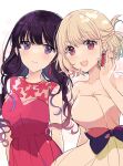  2girls :d bare_shoulders black_bow black_hair blonde_hair blush bow breasts cleavage closed_mouth collarbone commentary_request cowboy_shot dress earrings hand_up highres inoue_takina jewelry large_breasts light_particles long_hair looking_at_viewer low_twintails lycoris_recoil medium_breasts multiple_girls nishikigi_chisato off-shoulder_dress off_shoulder one_side_up open_mouth purple_eyes red_dress red_eyes sango_(sango3_3) short_hair simple_background smile twintails white_background yellow_dress 