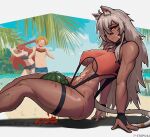  1boy 2girls abs ahoge animal_ear_fluff animal_ears arm_support artist_name beach between_thighs bikini blonde_hair breasts cat_ears cat_girl cat_tail commentary covered_nipples crushing dark-skinned_female dark_skin day english_commentary eris_greyrat eyepatch food food_on_body fruit ghislaine_dedoldia grey_hair highres holding holding_food holding_fruit holding_sword holding_weapon large_breasts long_hair looking_at_viewer multiple_girls muscular muscular_female mushoku_tensei navel one_eye_covered outdoors paid_reward_available palm_tree parted_lips patreon_username red_eyes red_hair rudeus_greyrat scar scar_on_face scar_on_stomach shadow solo_focus stopu swimsuit sword tail thick_thighs thigh_strap thighs tree underboob very_long_hair watermelon watermelon_between_thighs weapon wooden_sword 