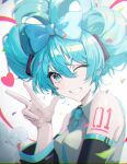  1girl absurdres aqua_eyes aqua_hair arm_tattoo bare_shoulders bow breasts chromatic_aberration cinnamiku cinnamoroll collared_shirt commentary confetti detached_sleeves grey_shirt grin hair_between_eyes hair_bow hand_up hatsune_miku heart highres looking_at_viewer multicolored_hair n8_(buse1601) necktie one_eye_closed sanrio shirt sleeveless sleeveless_shirt small_breasts smile streaked_hair tattoo upper_body vocaloid w 