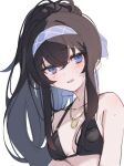  1girl bikini black_bikini black_hair blue_archive blue_eyes blue_hairband blush breasts hairband highres jewelry long_hair necklace official_alternate_costume ouri_(aya_pine) ponytail small_breasts solo sweat swimsuit ui_(blue_archive) ui_(swimsuit)_(blue_archive) very_long_hair 