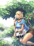  1girl 2023 animal_ear_fluff animal_ears artist_name avatar_(ff11) black_choker black_shorts blonde_hair blue_eyes blue_shirt bomb_(final_fantasy) breast_rest breasts cactus41747280 cat_ears cat_girl cat_tail choker collarbone dated final_fantasy final_fantasy_xi food hairband hand_up highres holding holding_food holding_ice_cream ice_cream ice_cream_cone medium_breasts mithra_(ff11) multicolored_hairband open_mouth shirt short_hair short_ponytail short_sleeves shorts solo tail 
