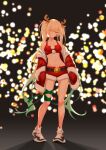  1girl absurdres aizawa_ema animal_ears antlers bare_shoulders bell belt bikini black_belt blonde_hair blue_eyes blunt_bangs christmas deer_ears fur-trimmed_bikini fur-trimmed_jacket fur-trimmed_shorts fur_trim gradient_hair green_hair green_ribbon highres jacket leg_ribbon lights long_hair looking_at_viewer midriff multicolored_hair navel night nouto off_shoulder pom_pom_(clothes) red_bikini red_jacket red_shorts reindeer_antlers ribbon santa_bikini santa_costume shoes short_shorts shorts sneakers solo standing stomach swimsuit twintails very_long_hair virtual_youtuber vspo! 