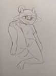  absurd_res anthro bea_takatomi blep bottomless canid canid_demon canine clothed clothing demon eyewear female glasses hair hair_bun hellhound hi_res horn humanoid looking_at_viewer mammal nipple_outline partially_clothed raised_leg shirt sleepysheepy17 smile solo solo_focus spread_legs spreading t-shirt t-shirt_only tongue tongue_out topwear 