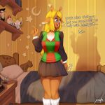  1:1 absurd_res anthro bed breasts brown_body clothed clothing comic deer deltarune digital_media_(artwork) female fur furniture hair hi_res horn humanoid inside kris_(deltarune) mammal noelle_holiday open_mouth smile solo text undertale_(series) yaravik 