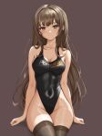  1girl absurdres arms_at_sides black_leotard black_one-piece_swimsuit blush breasts brown_background brown_eyes brown_hair brown_thighhighs cleavage clenched_hands closed_mouth collarbone commentary covered_navel cowboy_shot hair_over_shoulder highleg highleg_leotard highleg_swimsuit highres legs_together leotard logo long_hair looking_at_viewer one-piece_swimsuit original pornhub see-through_thighhighs sideboob simple_background sitting skin_tight solo swimsuit thighhighs user_xjcv2877 
