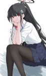  1girl armlet black_hair blue_archive blue_skirt bracelet headband highres jewelry looking_at_viewer ponytail red_eyes red_nails reia_76 rio_(blue_archive) school_uniform shirt skirt smile solo white_background white_shirt 