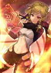  1girl black_pants blonde_hair book citrinne_(fire_emblem) clothing_cutout commentary_request fire_emblem fire_emblem_engage highres holding holding_book leggings midriff navel pants r123 red_eyes short_hair solo stomach stomach_cutout 