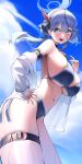  1girl absurdres ako_(blue_archive) bare_shoulders bikini blue_archive blue_bikini blue_collar blue_eyes blue_hair blush breasts collar hair_between_eyes hairband halo highres large_breasts long_hair open_clothes open_shirt sbgu shirt sideboob solo swimsuit thigh_strap white_shirt 