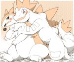  2019 ambiguous_gender annoyed blush bodily_fluids duo embrace evil_anaunara feraligatr flustered generation_2_pokemon grass hug hugging_from_behind nintendo plant pokemon pokemon_(species) sweat typhlosion 