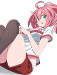  1girl :o ahoge green_eyes highres kay_yu original pink-haired_girl_(kay_yu) pink_hair ponytail red_shorts shirt shorts thighhighs thighs white_background white_shirt 